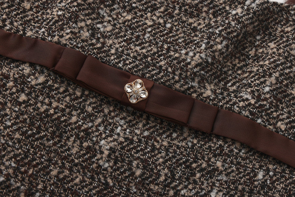 Brown Square-Necked Bow Tweed Dress