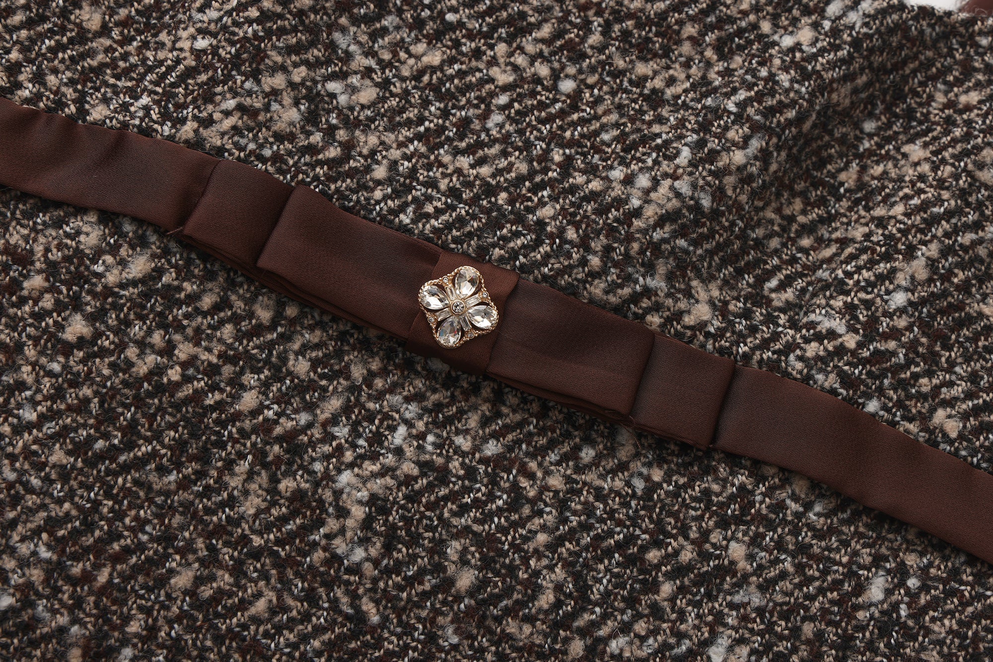 Brown Square-Necked Bow Tweed Dress
