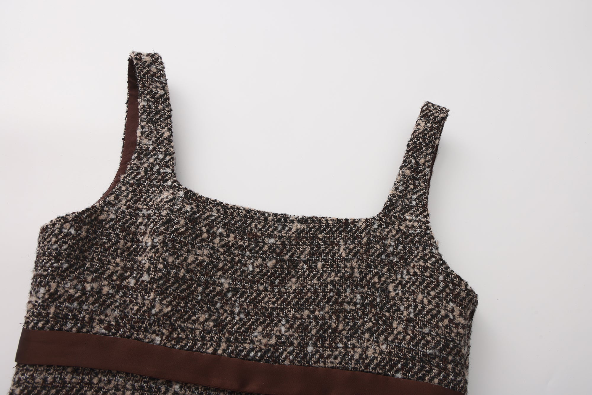 Brown Square-Necked Bow Tweed Dress