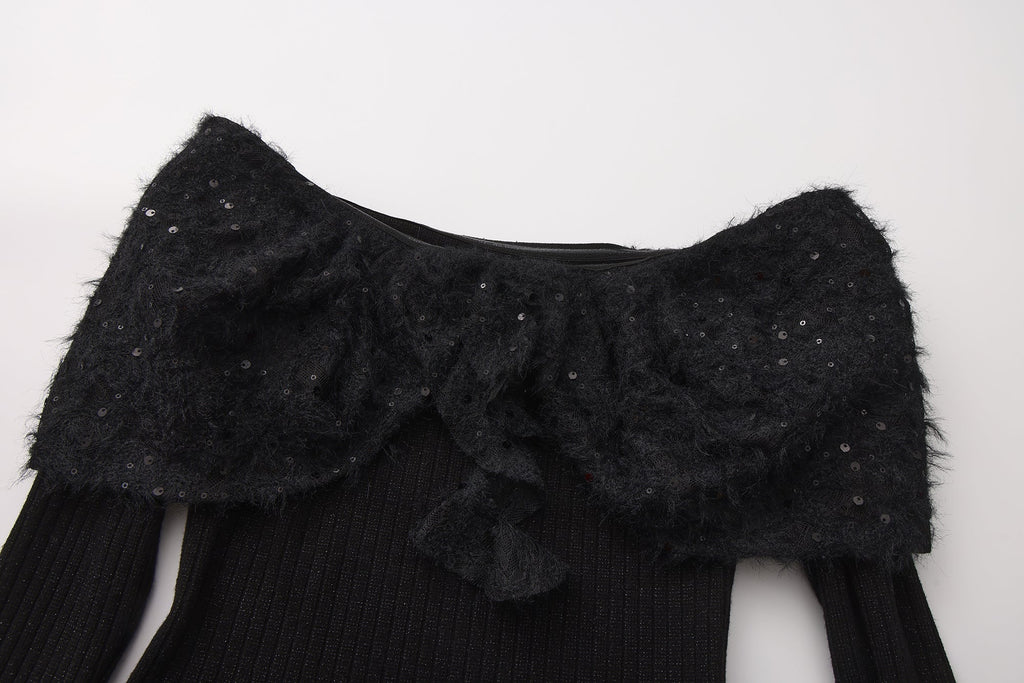 Black Knitted Lace Off-The-Shoulder Top