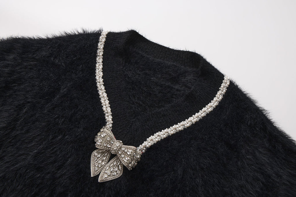 Black Bow Draped Chain Sweater