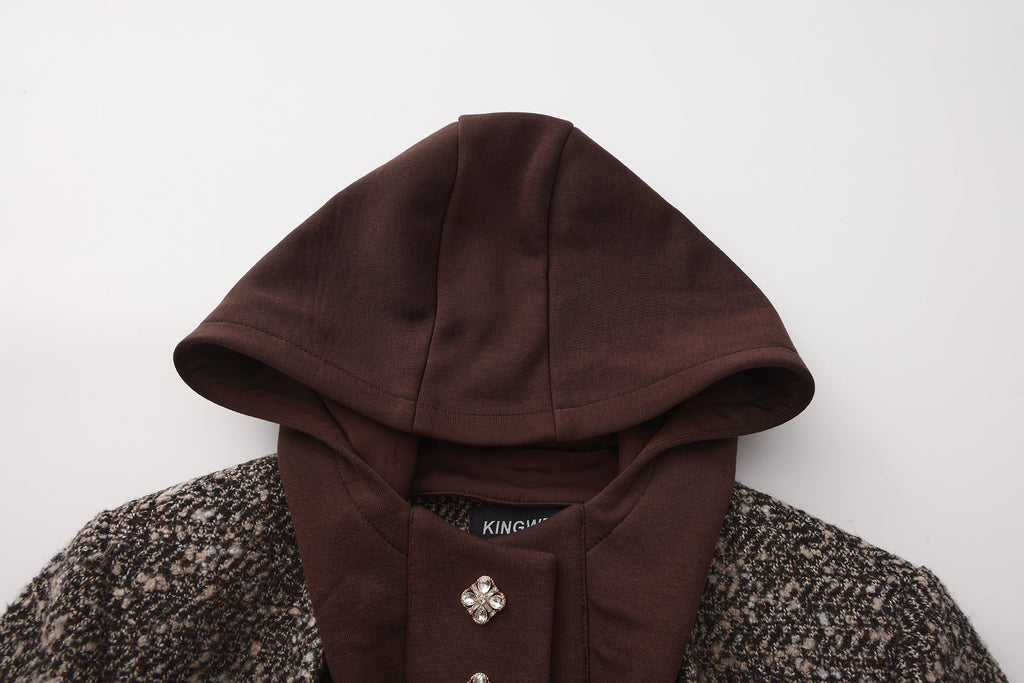 Brown Detachable Square-Necked Tweed Coat