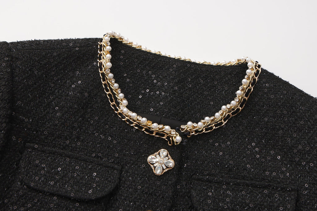 Black Round-Necked Small Fragrance Coat With Pockets