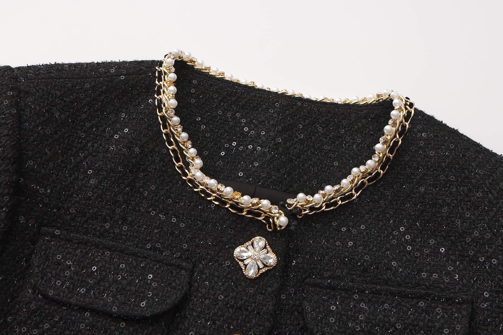 Black Round-Necked Small Fragrance Coat With Pockets