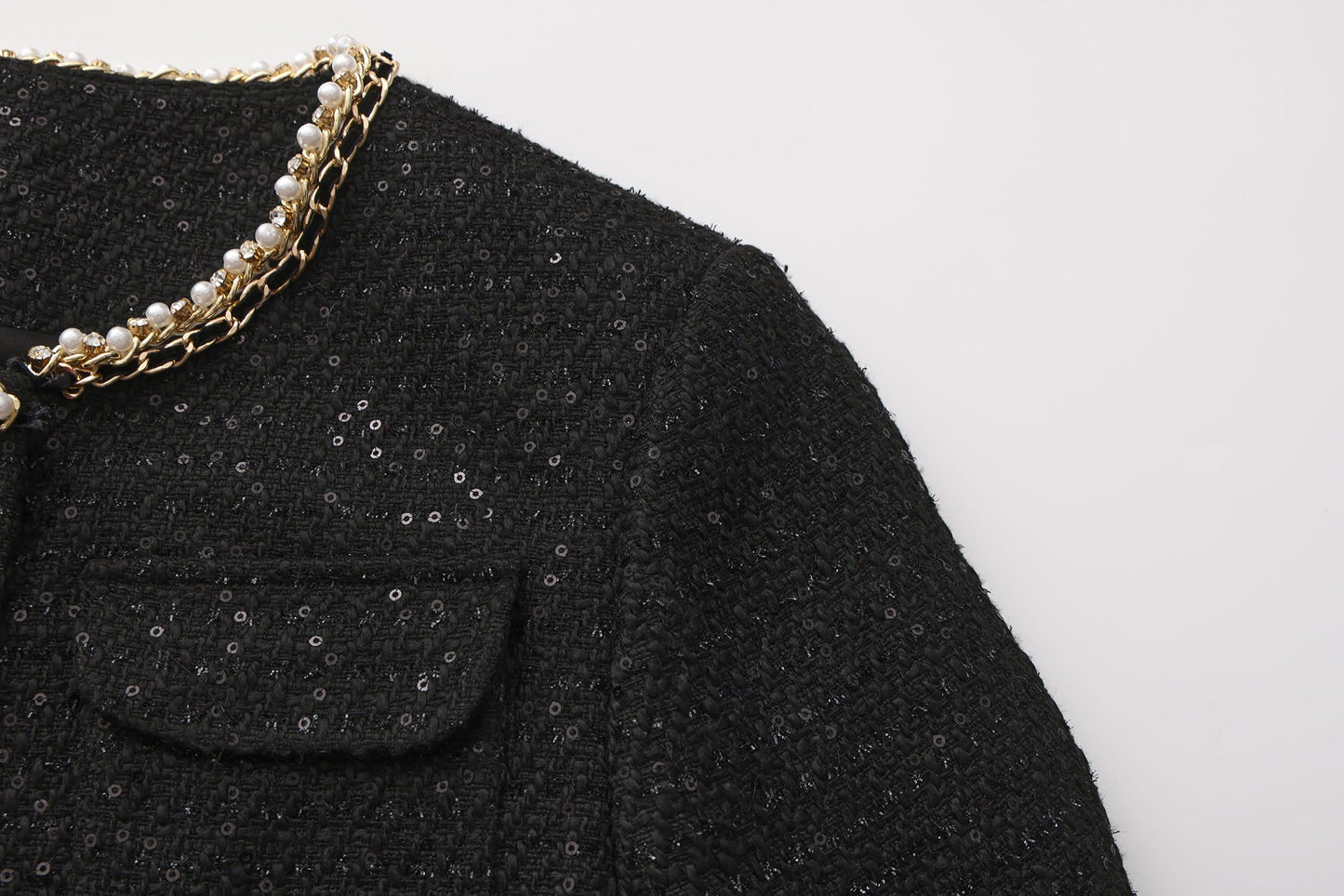 Black Round-Necked Small Fragrance Coat With Pockets