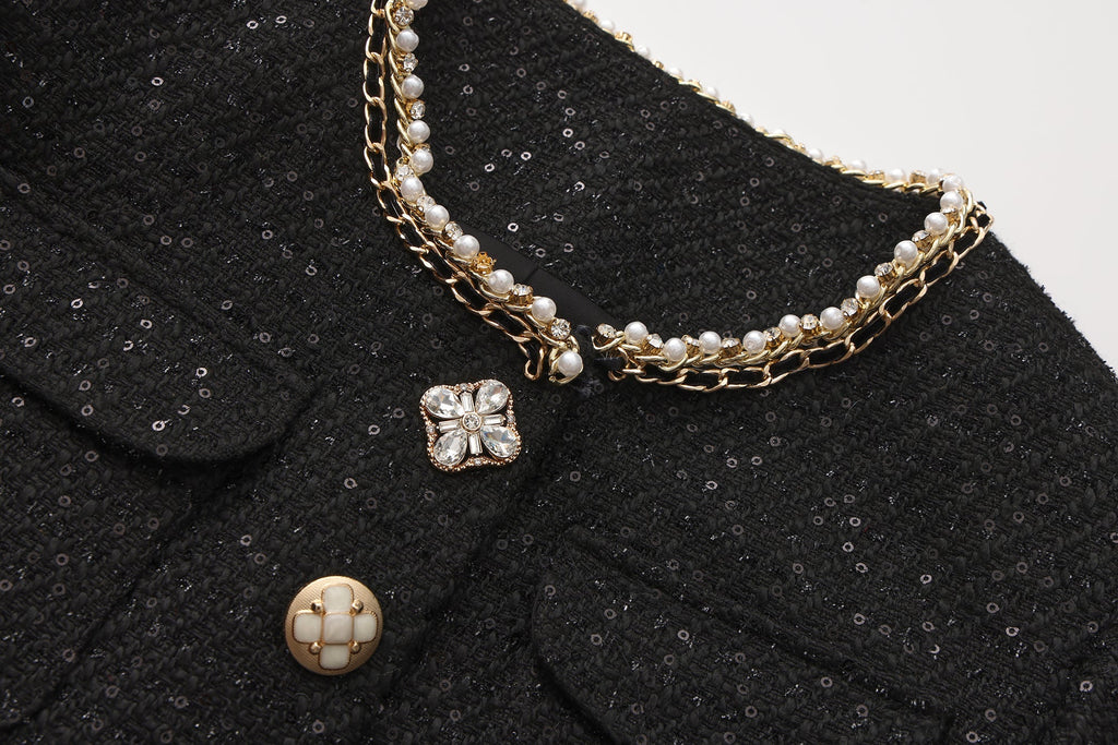 Black Round-Necked Small Fragrance Coat With Pockets