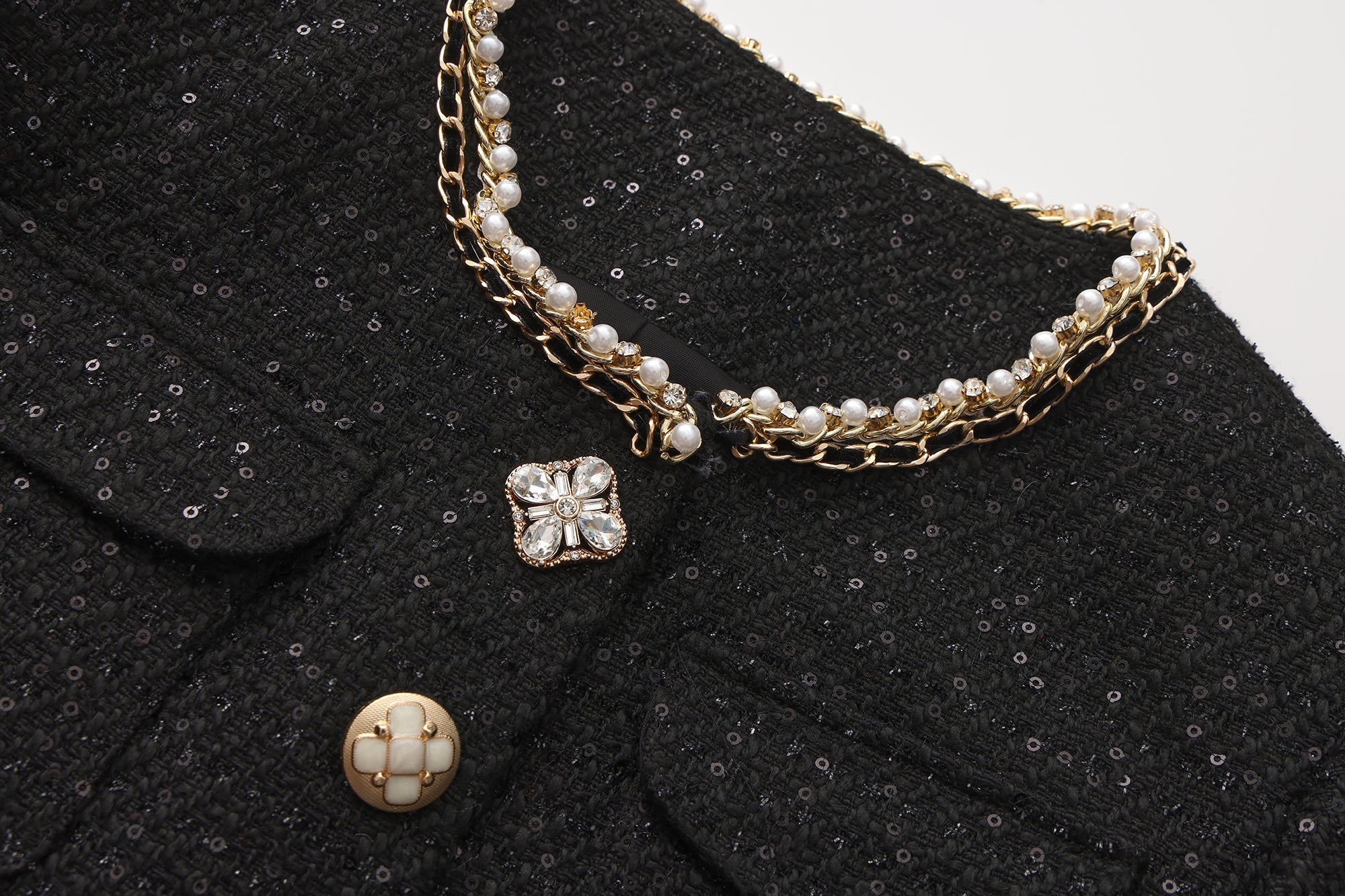 Black Round-Necked Small Fragrance Coat With Pockets