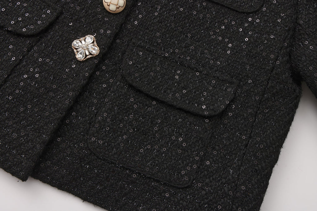 Black Round-Necked Small Fragrance Coat With Pockets