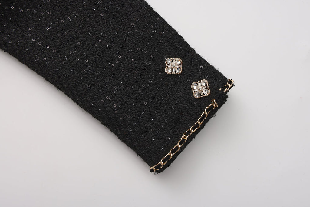 Black Round-Necked Small Fragrance Coat With Pockets