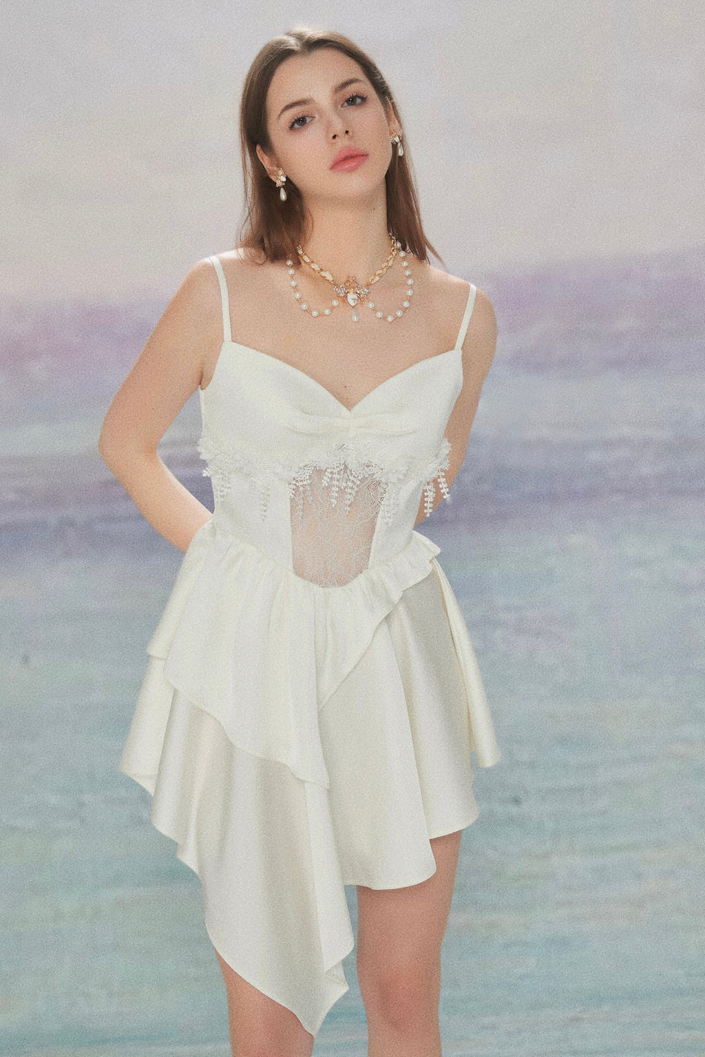 WHITE SANTINE LACE DRESS