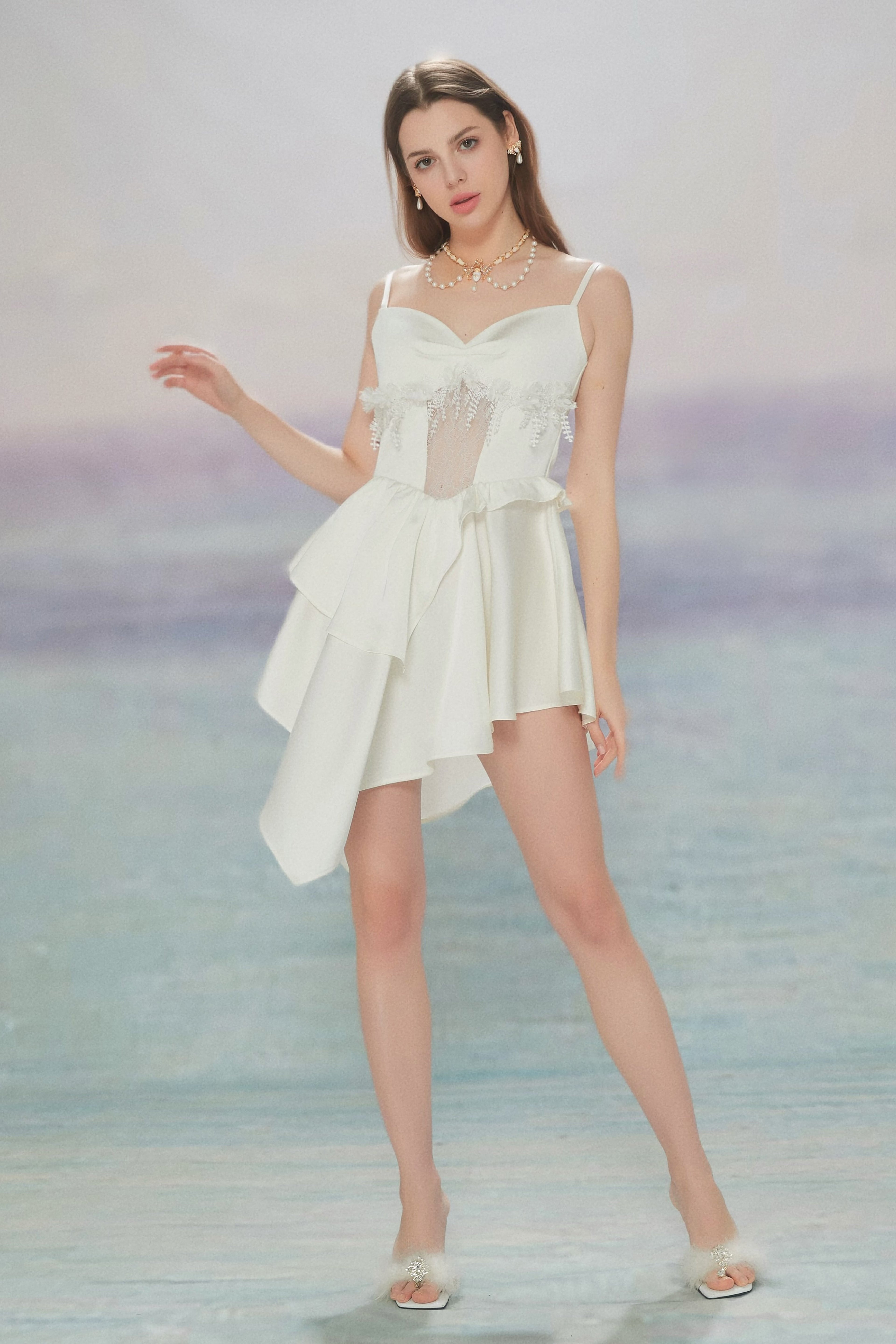 WHITE SANTINE LACE DRESS