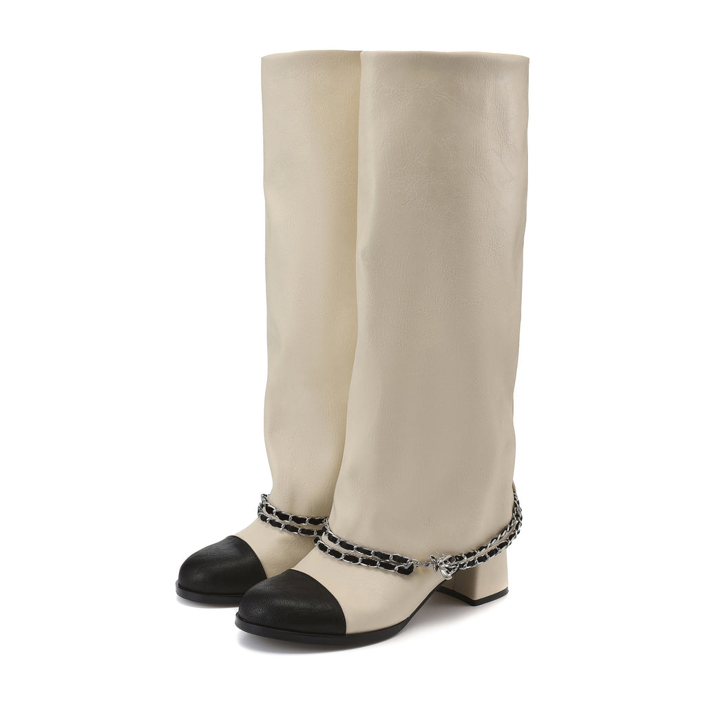White Metal-Buckled Knee-High Boots