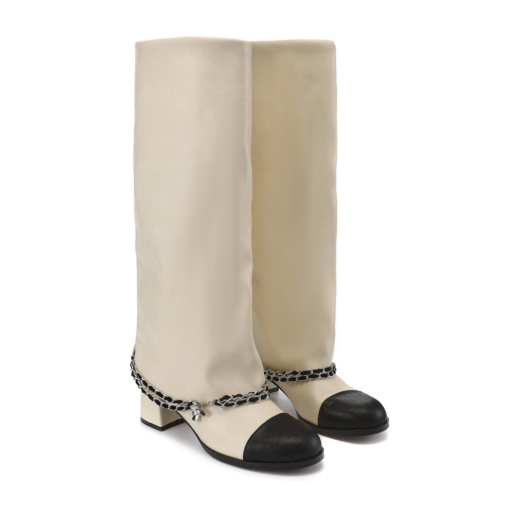 White Metal-Buckled Knee-High Boots