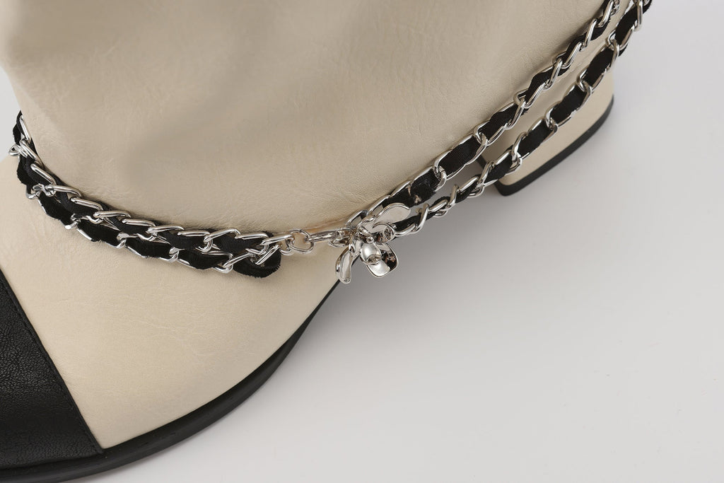 White Metal-Buckled Knee-High Boots