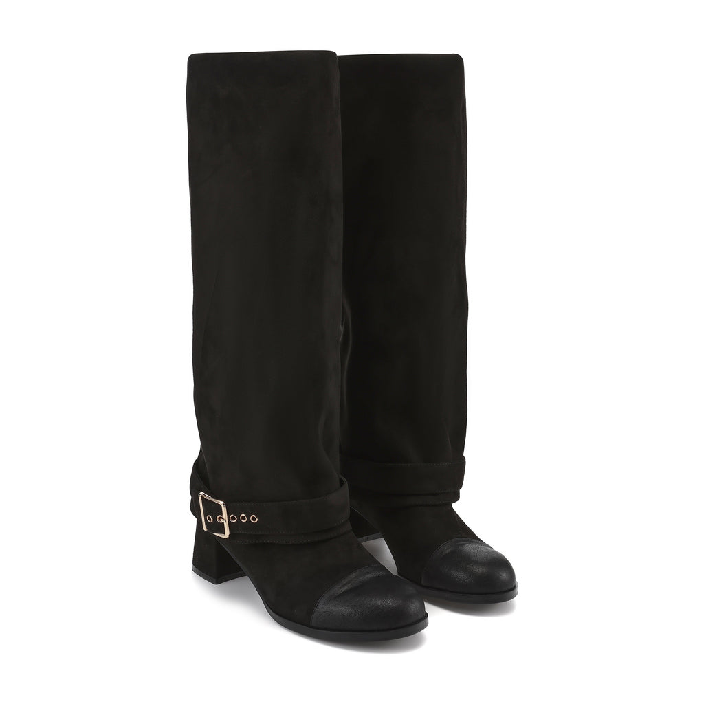 Black Metal-Buckled Knee-High Boots