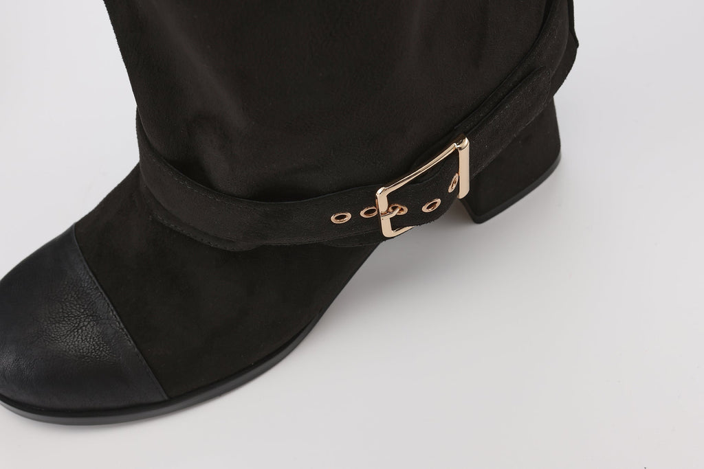 Black Metal-Buckled Knee-High Boots