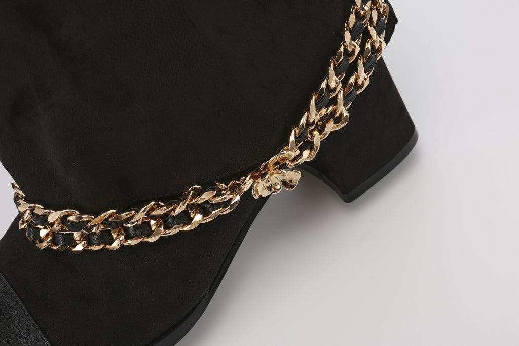 Black Metal-Buckled Knee-High Boots