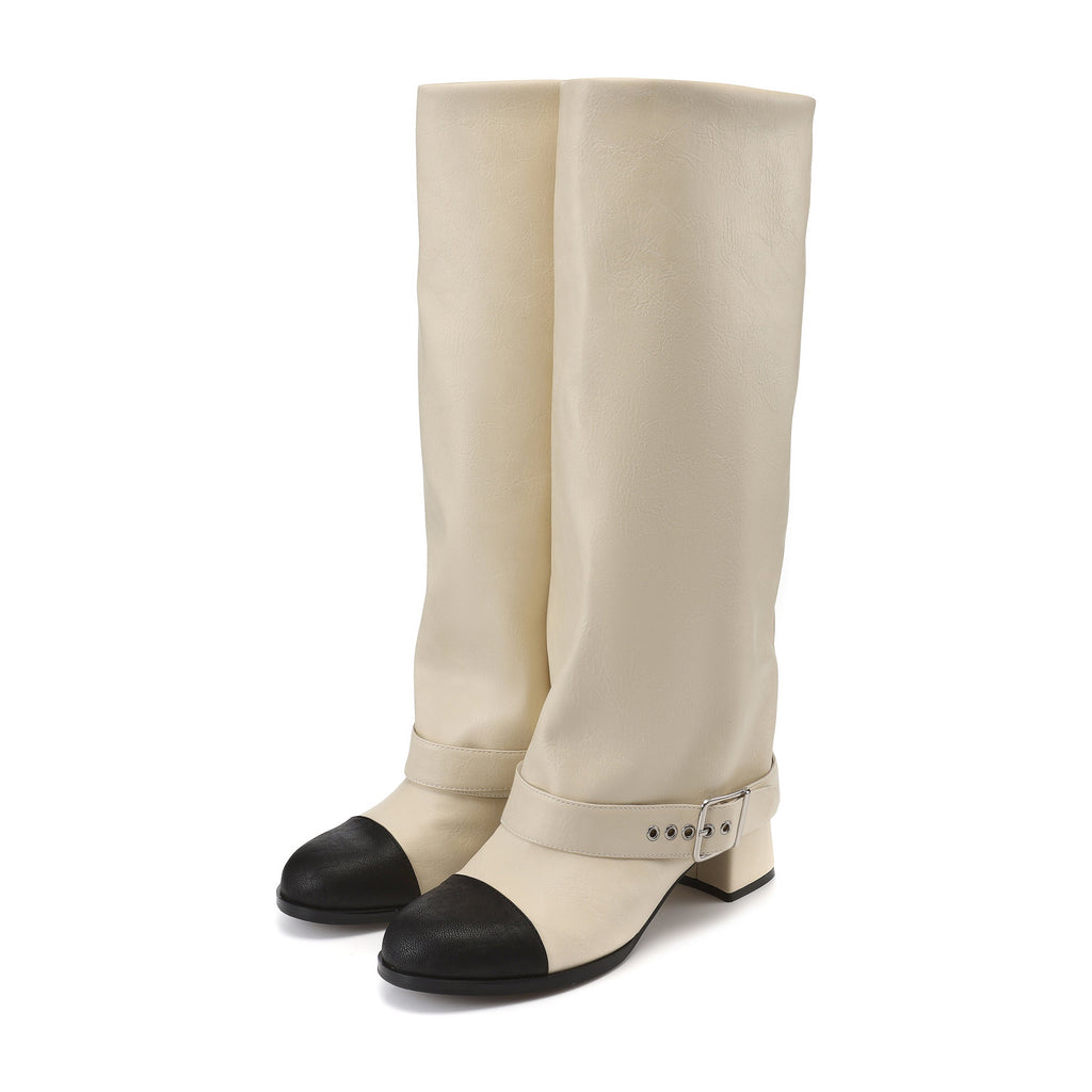 White Metal-Buckled Knee-High Boots