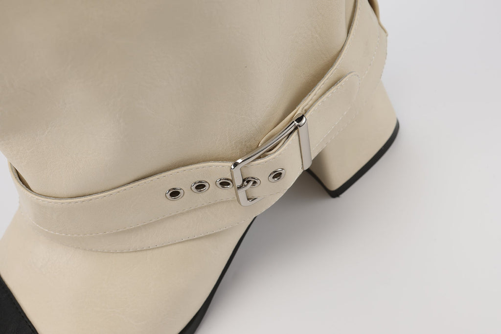 White Metal-Buckled Knee-High Boots