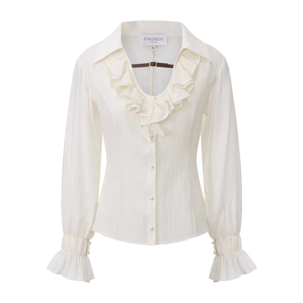 Beige V-Neck Blouse with Belt Buckle & Ruffle Trim