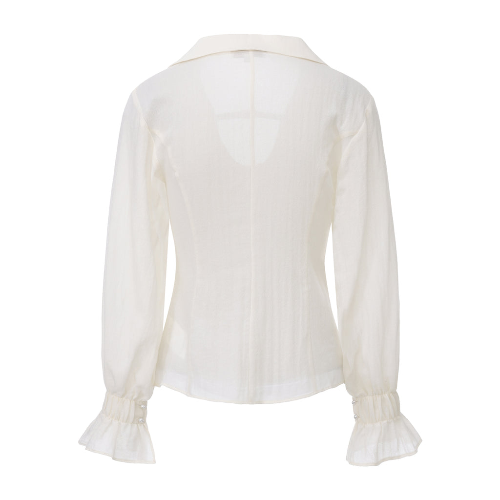 Beige V-Neck Blouse with Belt Buckle & Ruffle Trim