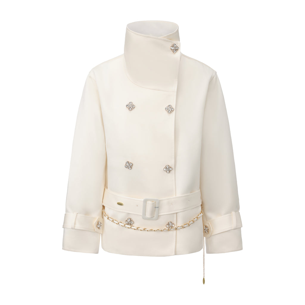 White Stand Collar Double-Breasted Chain Trench Coat