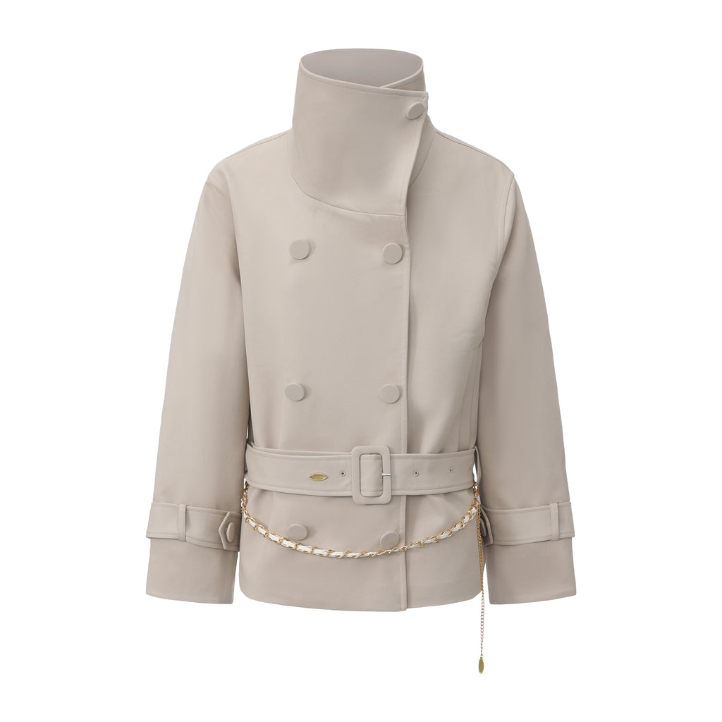 Light Grey Stand Collar Double-Breasted Chain Trench Coat