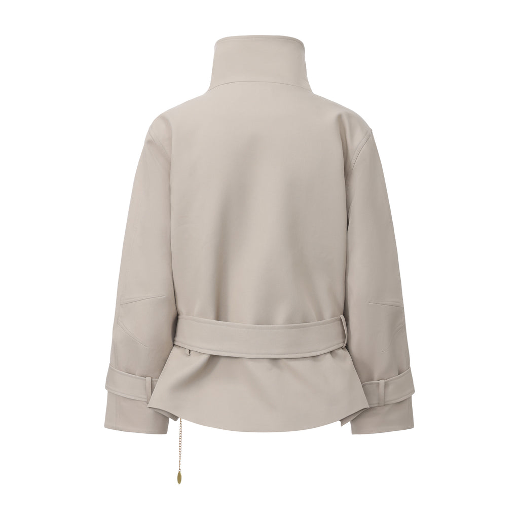 Light Grey Stand Collar Double-Breasted Chain Trench Coat
