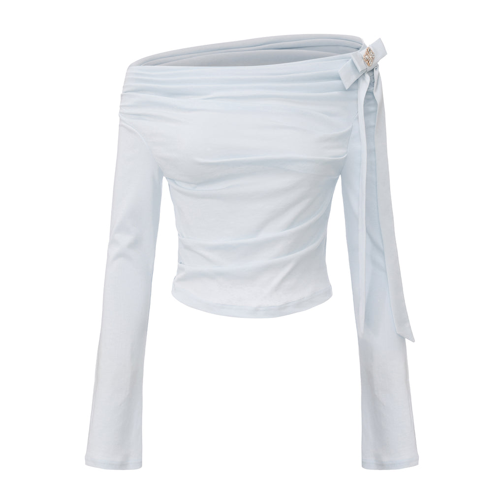 Blue Sloping Shoulder Pleated Bow Tie Ribbon Top