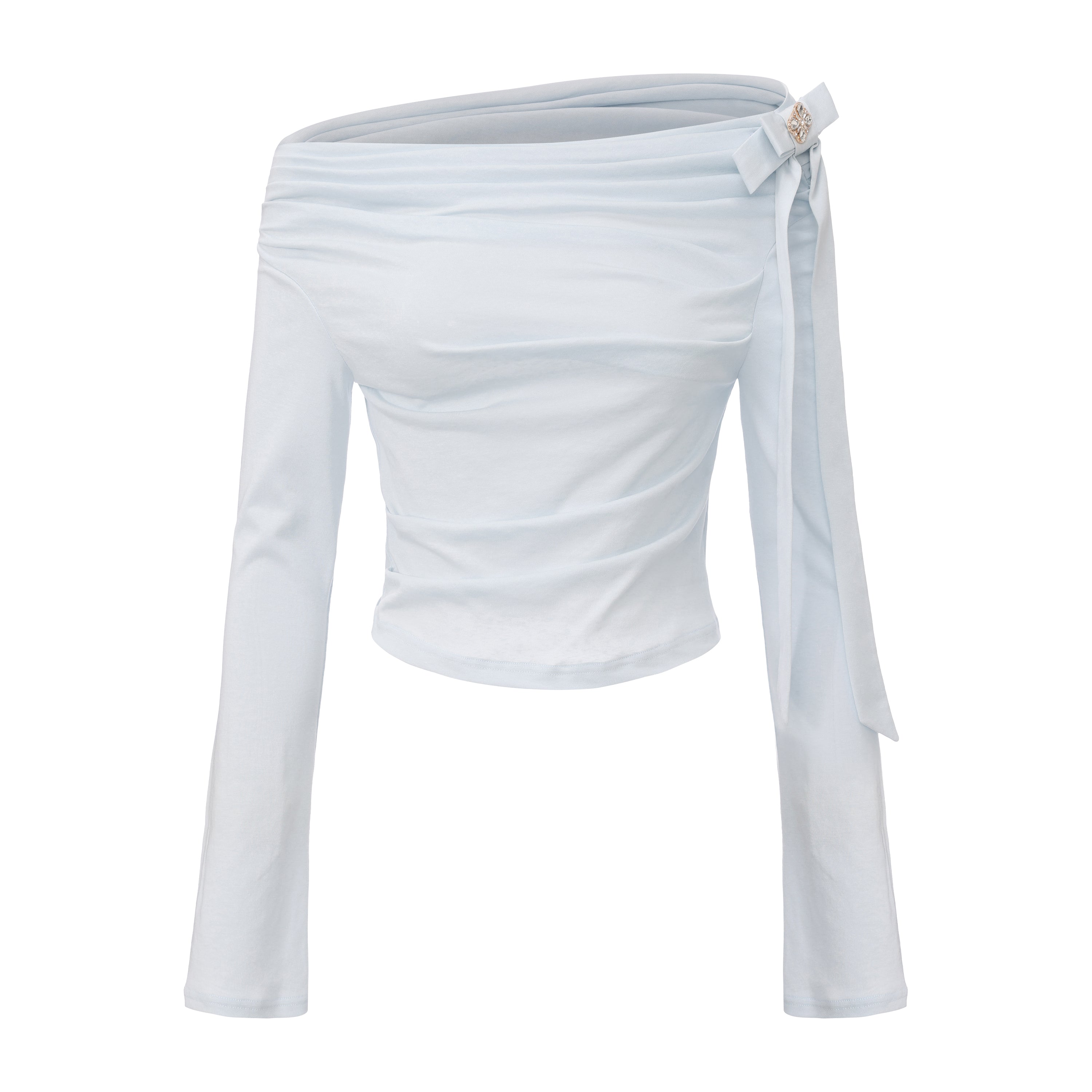 Blue Sloping Shoulder Pleated Bow Tie Ribbon Top