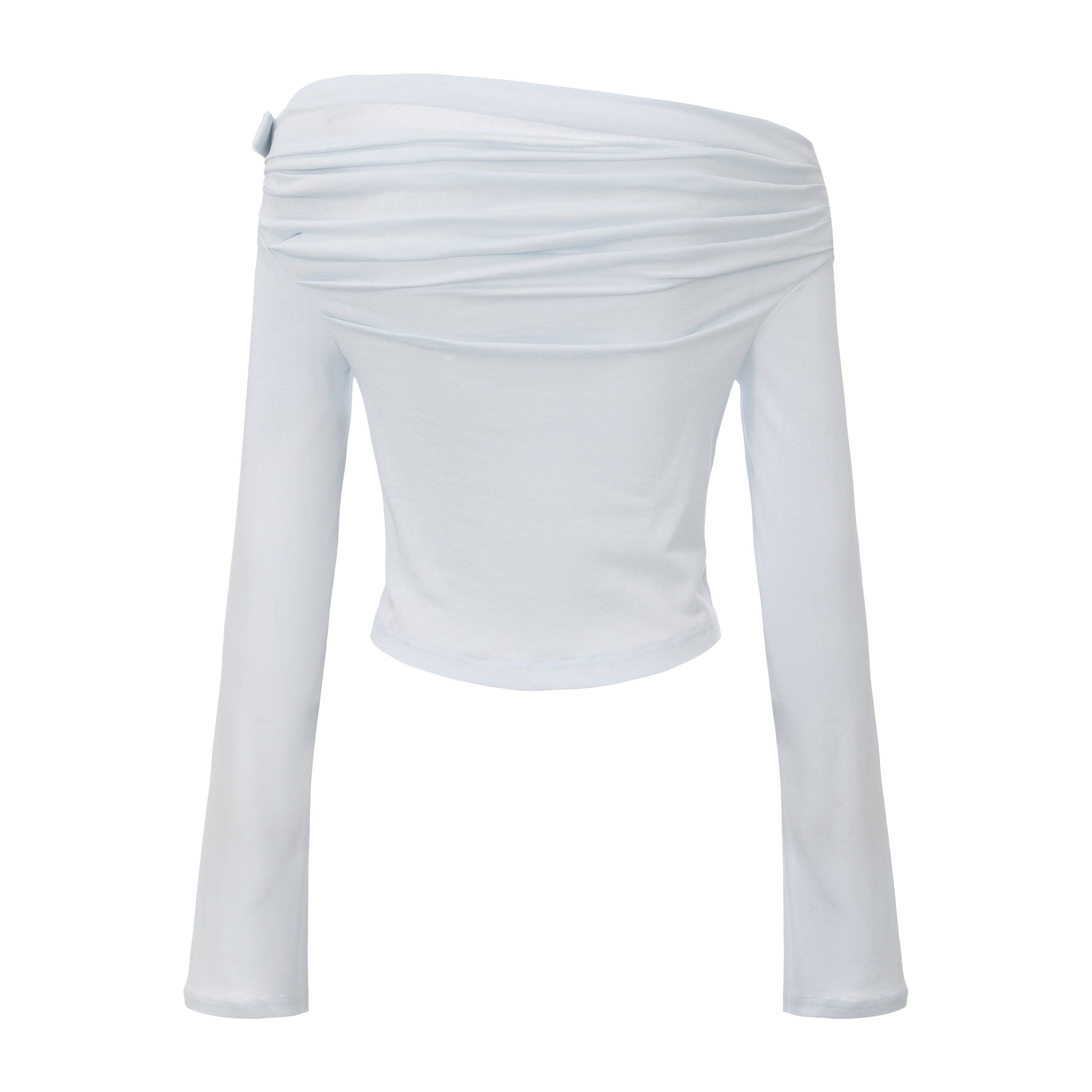 Blue Sloping Shoulder Pleated Bow Tie Ribbon Top