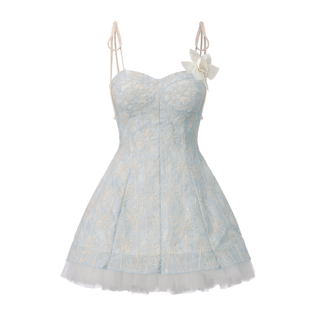 Blue Rattan Shoulder Strap A-line Dress