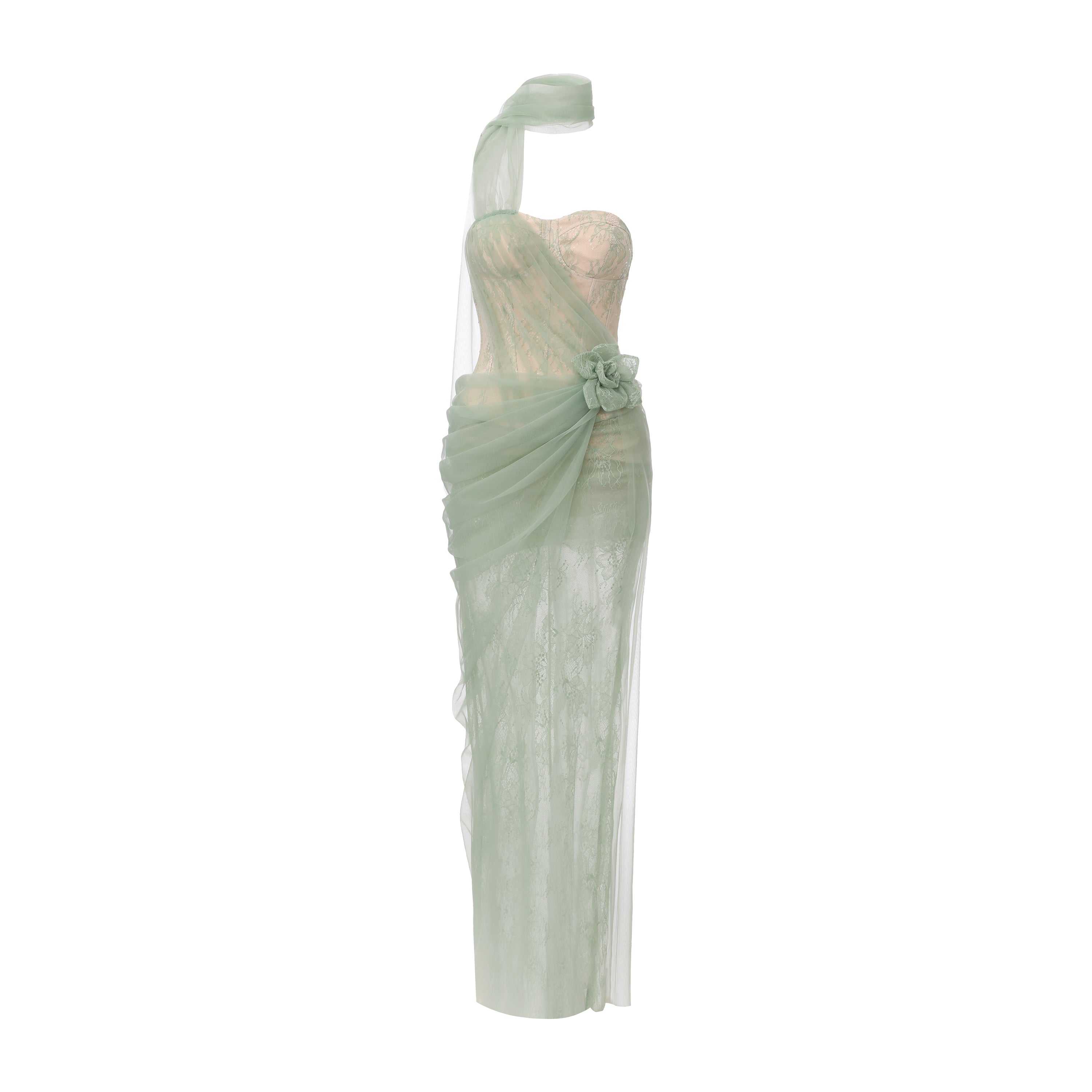 Water Green Fishbone Lace Dress