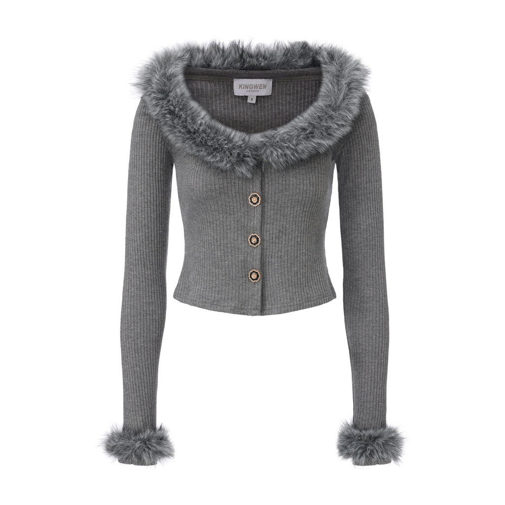 Grey Spliced Furry Collar Gold Button Cardigan