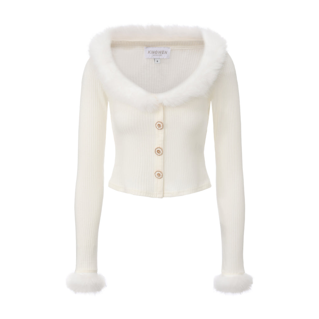White Spliced Furry Collar Gold Button Cardigan