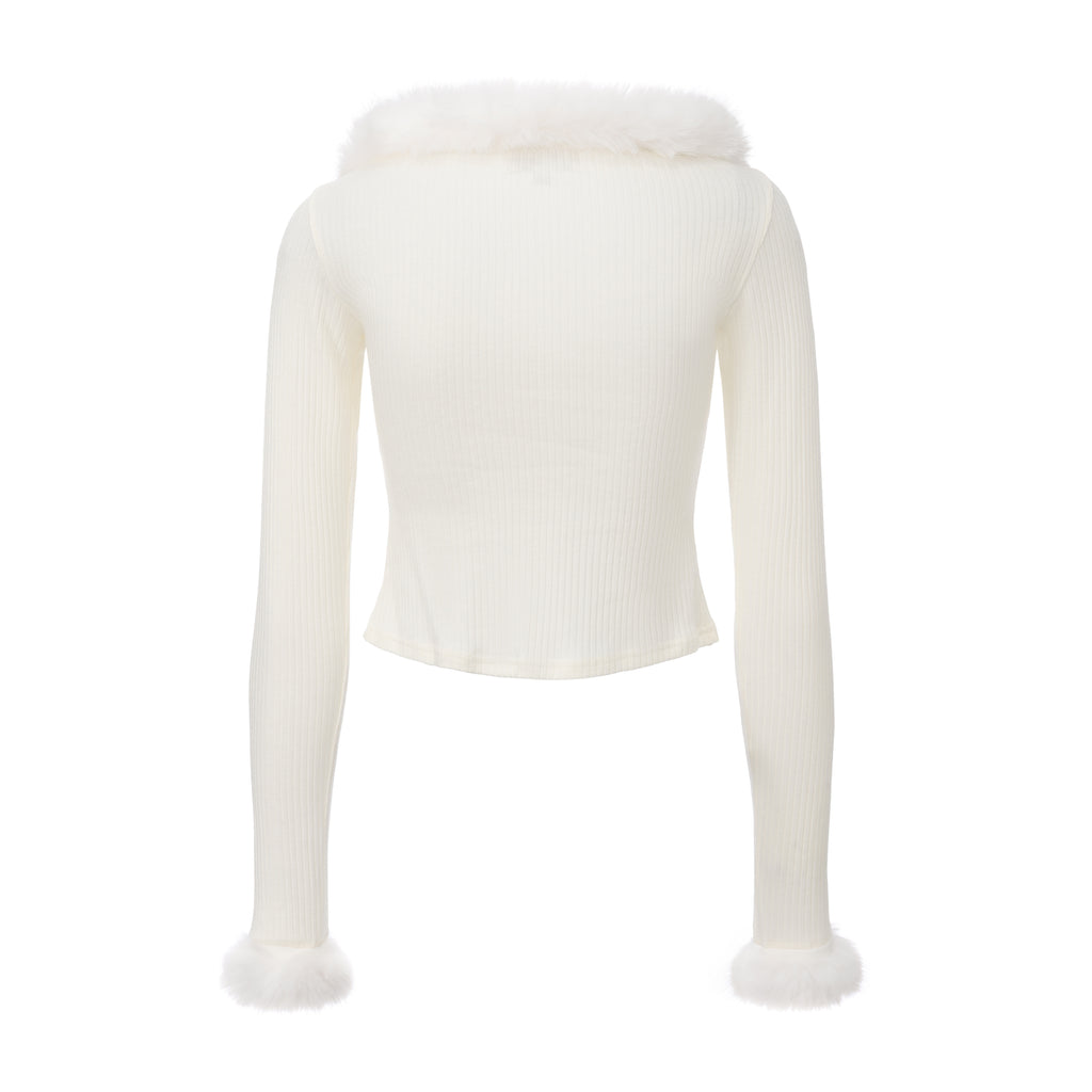 White Spliced Furry Collar Gold Button Cardigan