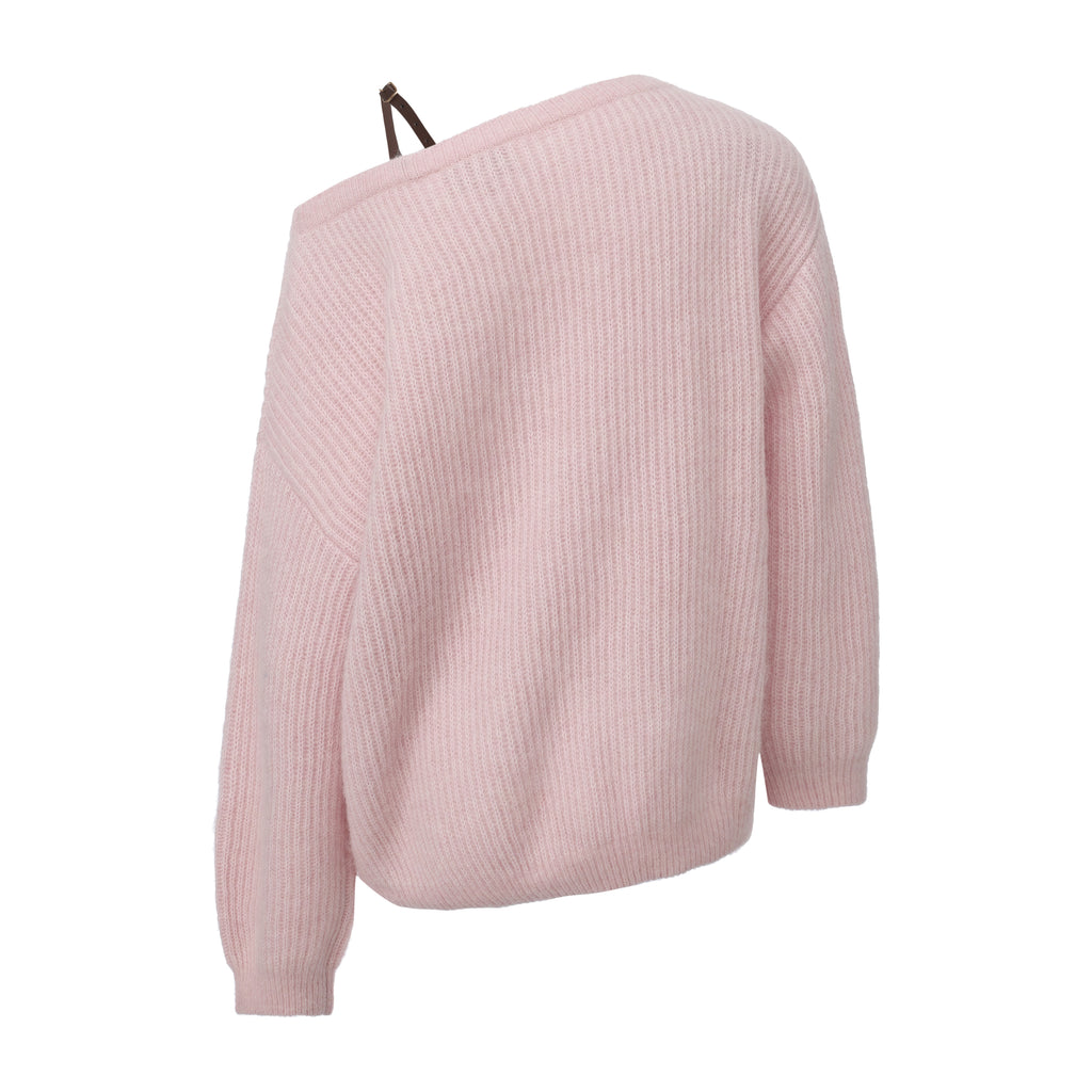 Pink Off-Shoulder Leather Buckle Iris Pattern Sweater