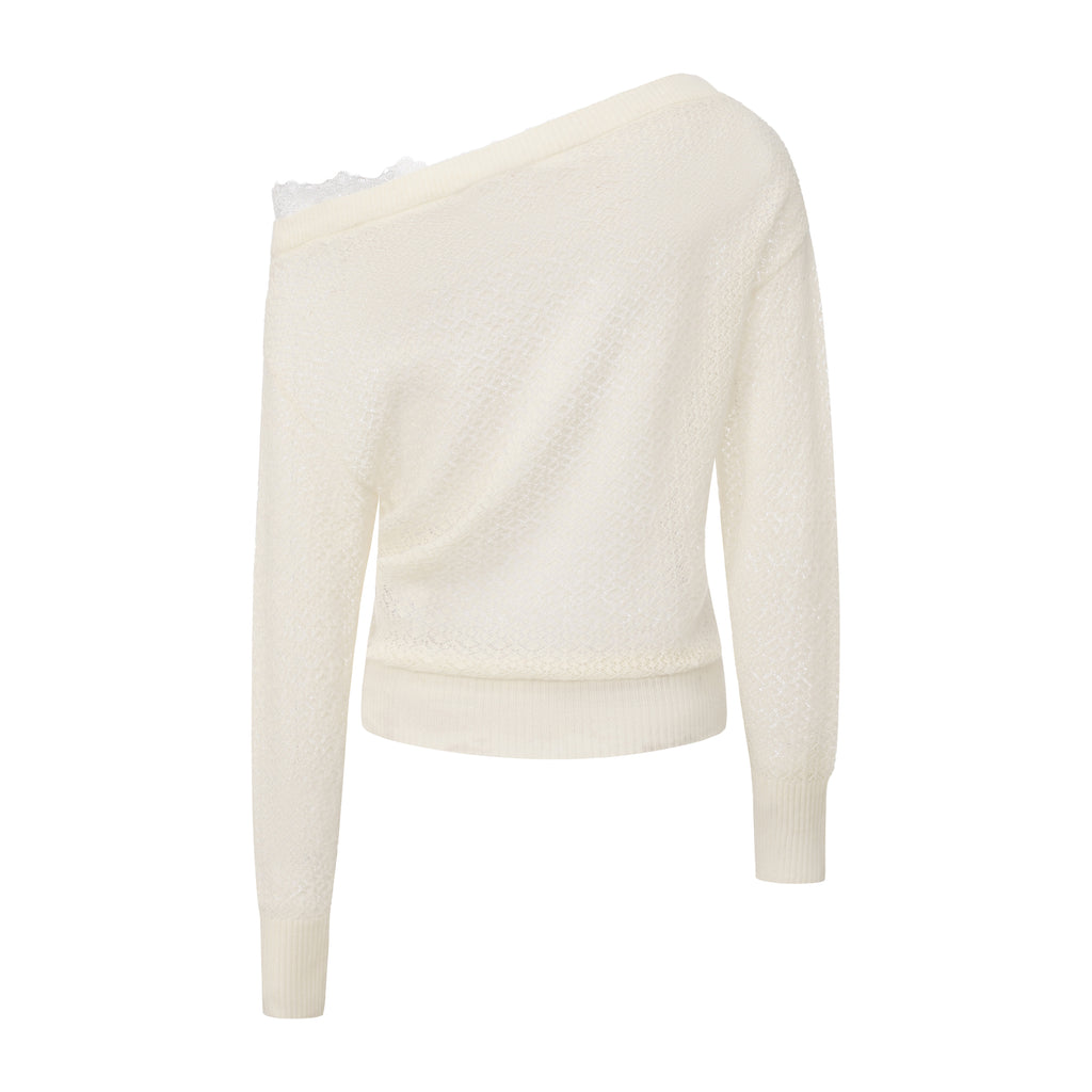 White Lace Panel Shell Knit Cardigan