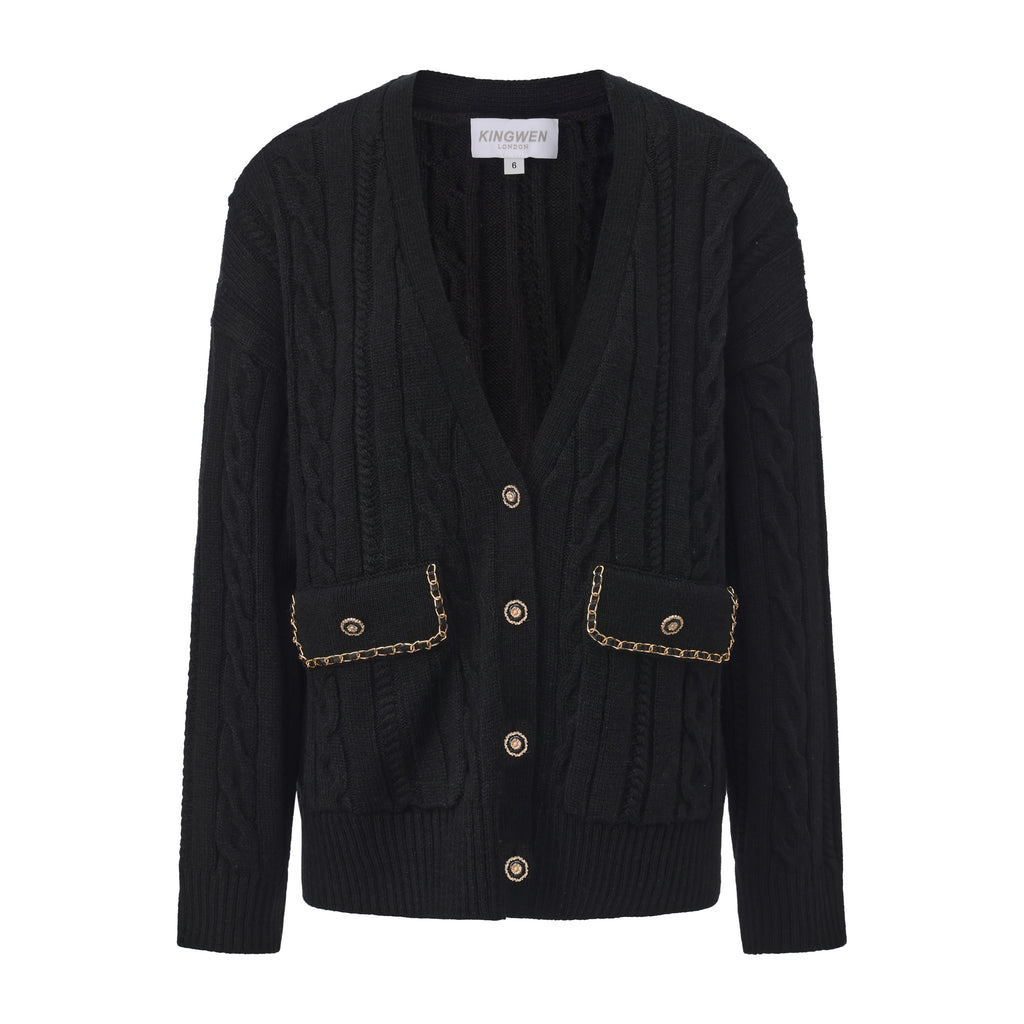 Black Oversized Knit Chain Detail Gold Button Cardigan Coat