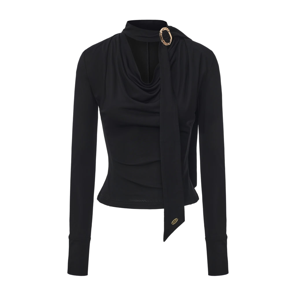 Black Cowl Neck Gold Button Ribbon Blouse
