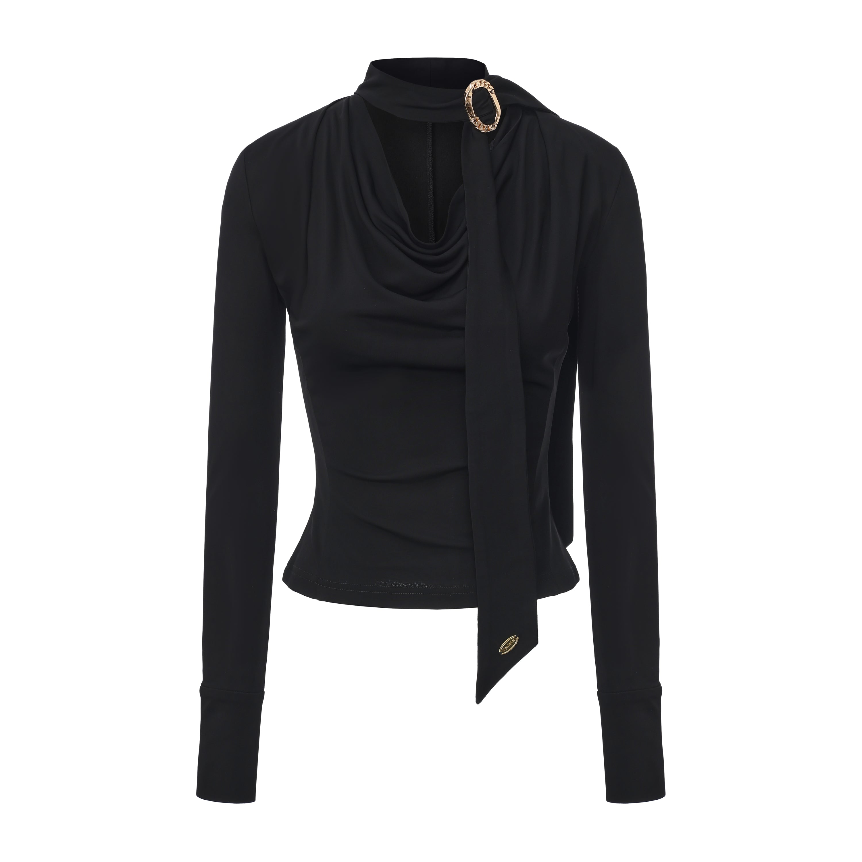 Black Cowl Neck Gold Button Ribbon Blouse