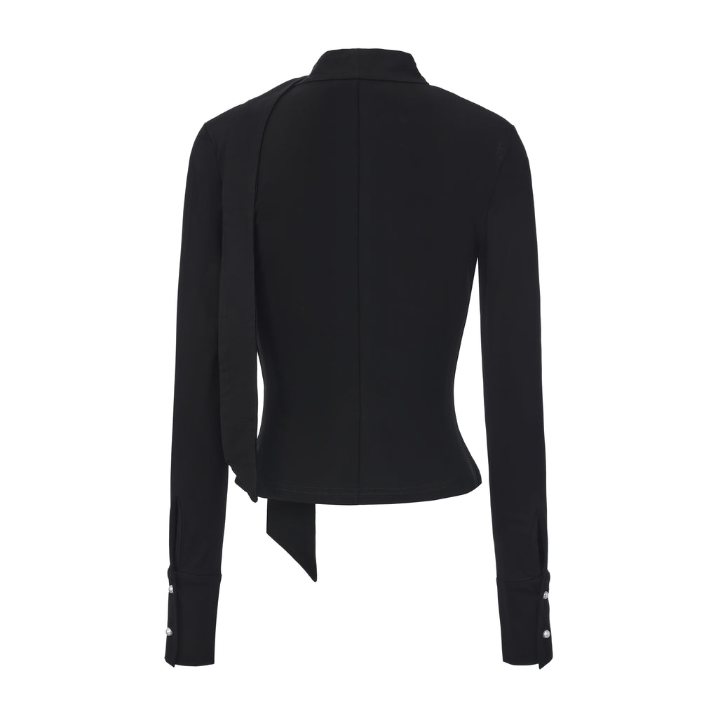 Black Cowl Neck Gold Button Ribbon Blouse