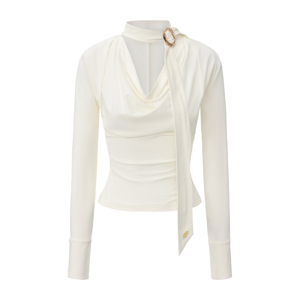 White Cowl Neck Gold Button Ribbon Blouse