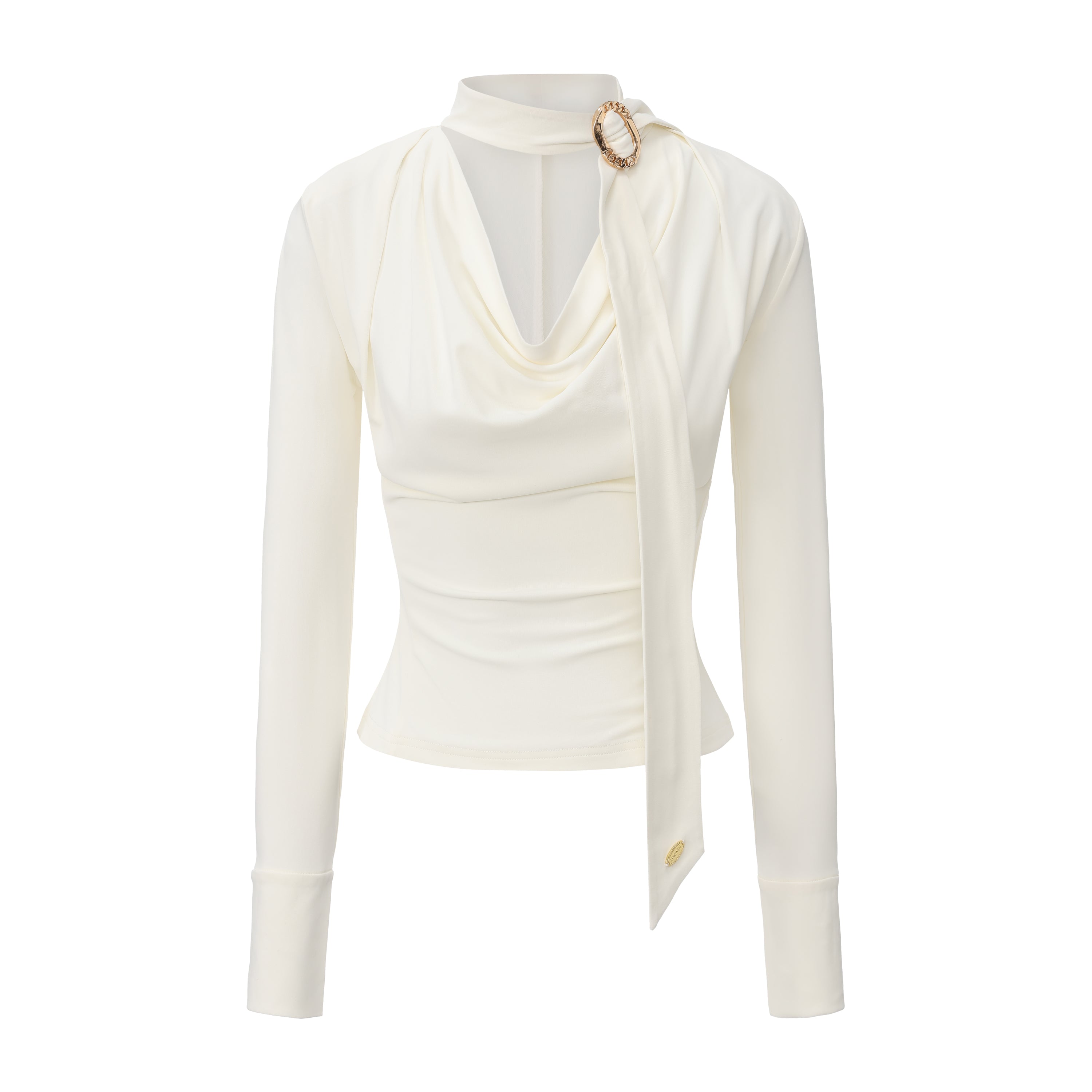 White Cowl Neck Gold Button Ribbon Blouse