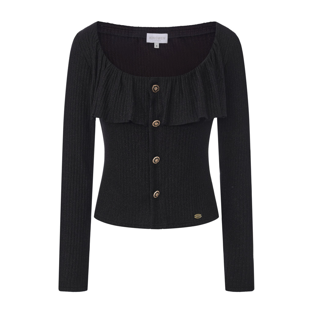 Black Silver Thread U-Neck Lace Trim Knit Cardigan