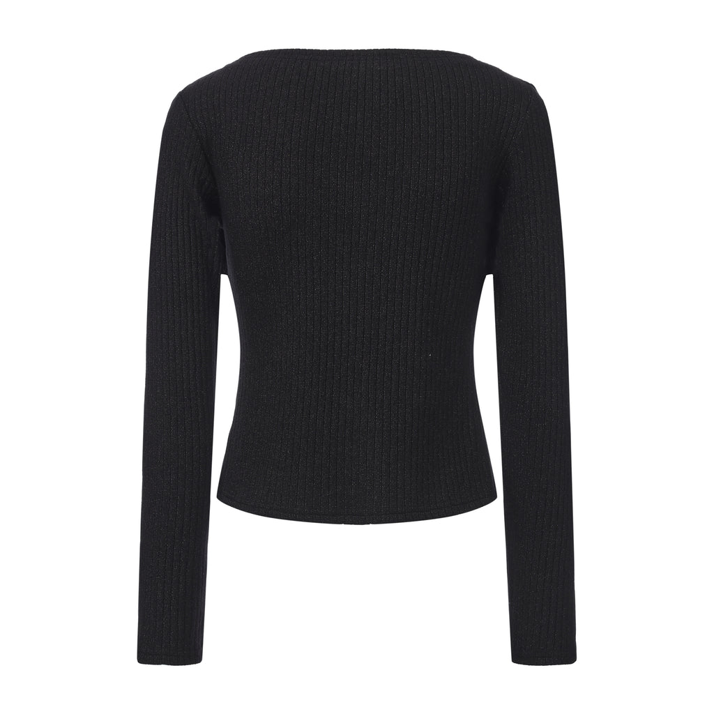 Black Silver Thread U-Neck Lace Trim Knit Cardigan