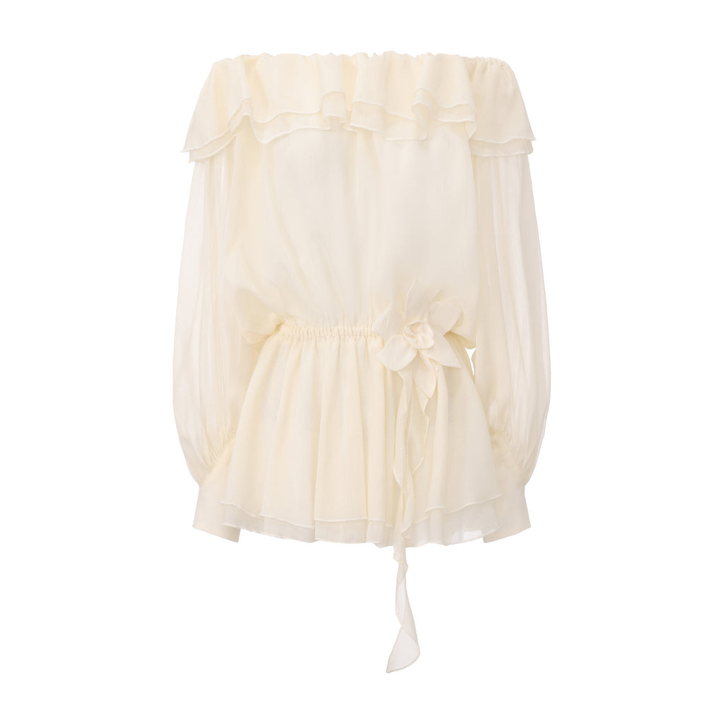 Yellow Shimmering Iris-Patterned Long-Sleeved Top