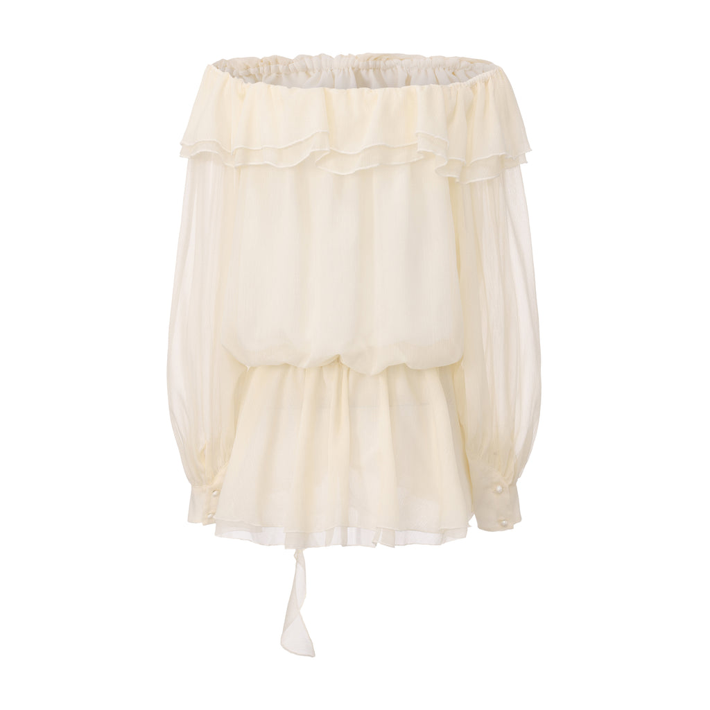 Yellow Shimmering Iris-Patterned Long-Sleeved Top