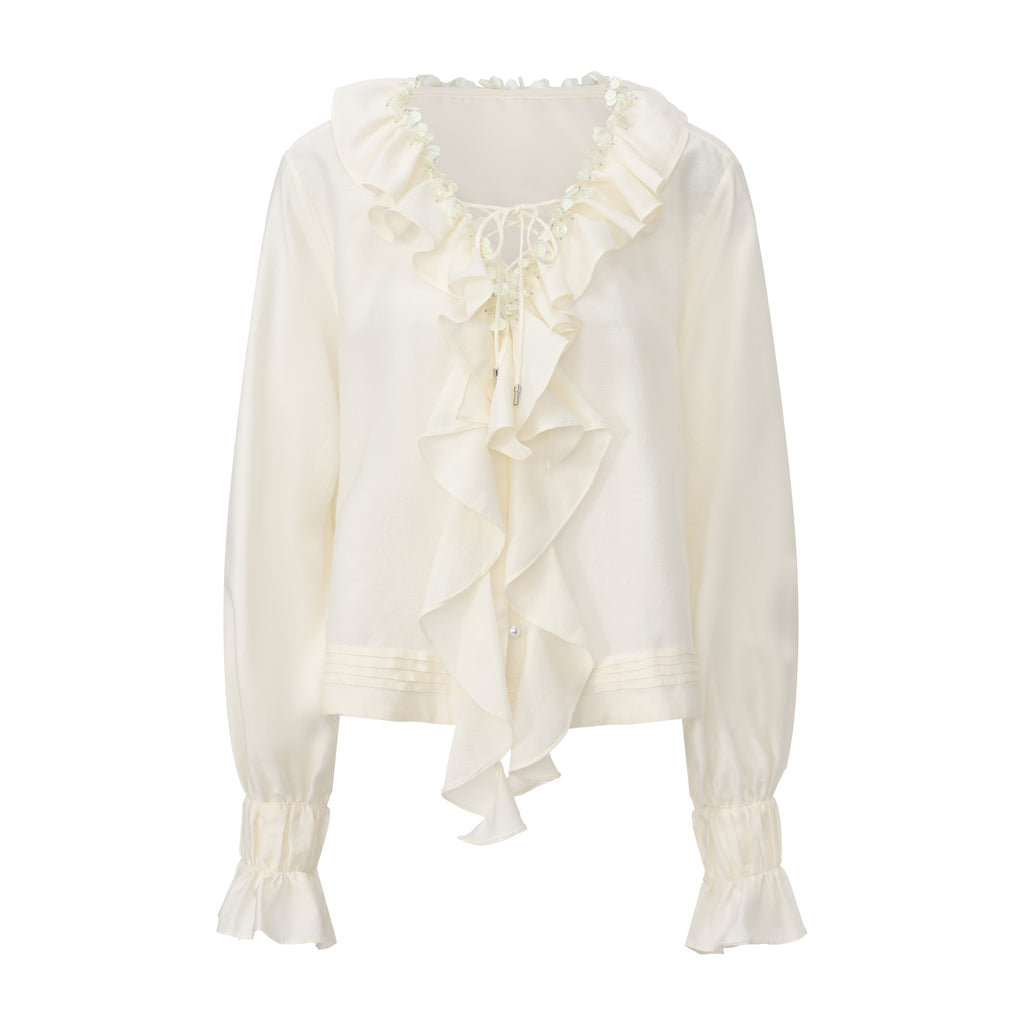 Oversized V-Neck Tie Top with Sequin Ruffle Trim