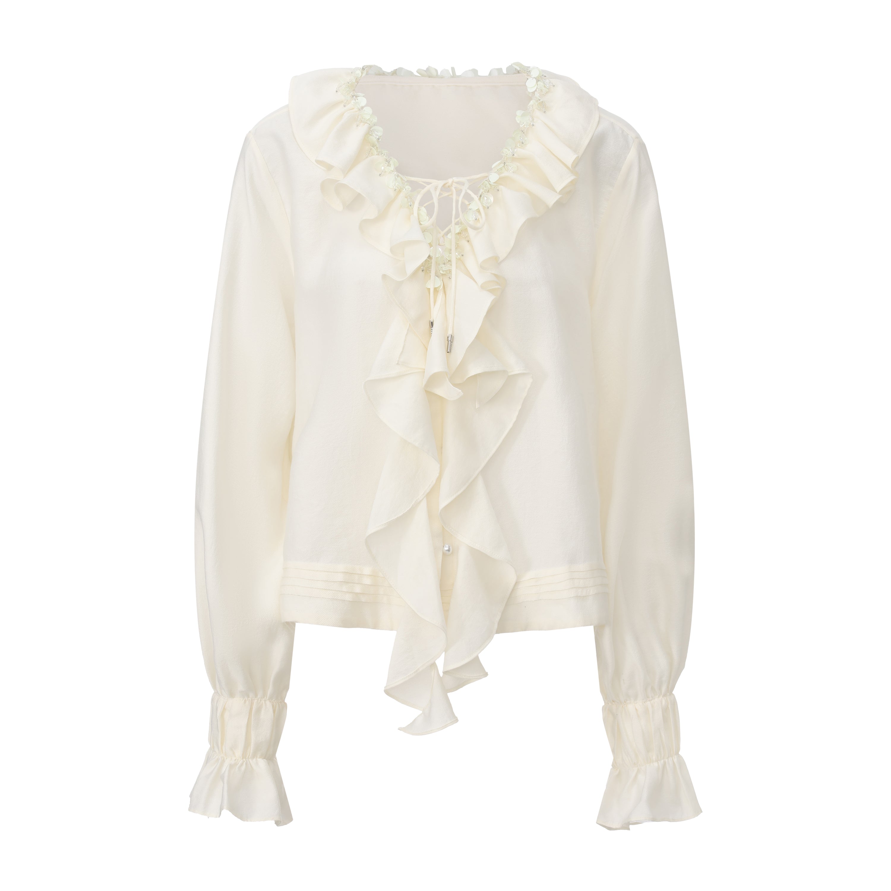 Oversized V-Neck Tie Top with Sequin Ruffle Trim